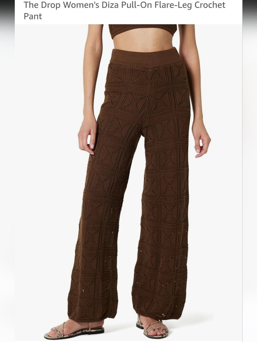 The Drop Diza Pull-On Crochet Flare-Leg Pants - Brown Sz S